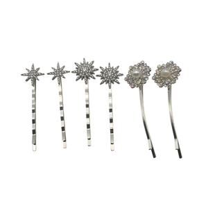 Silver Rhinestone Pearl Starburst Flower Bobby Pins Hair Clip Accessory Lot Set